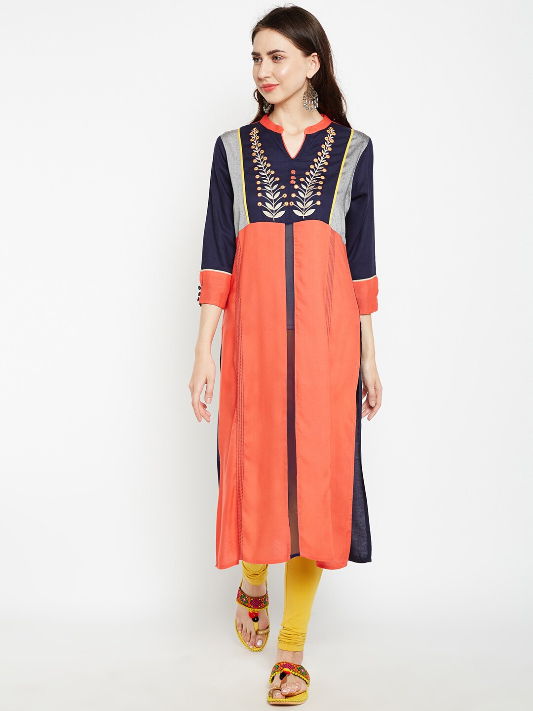 Be Indi Women Peach-Coloured Embroidered Straight Kurta