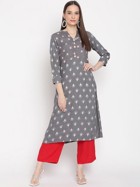 Women grey white color ikat printed hand work detailing kurta With Palazzo