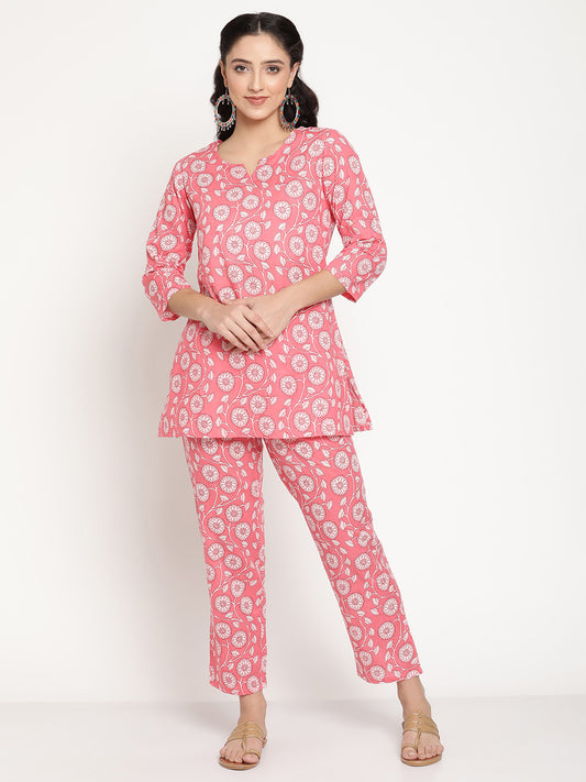 Be Indi Women Pink White Floral Printed Lounge Set
