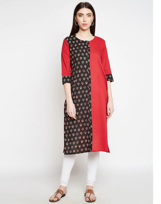 Be Indi Women Red & Brown Floral Printed Straight Kurta