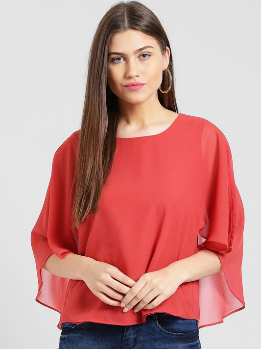 BeIndi Women Coral Red Solid Cape Top