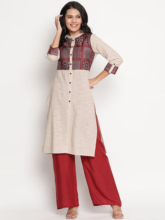 BeIndi Women Beige Geometric Checked Cold-Shoulder Sleeves Thread Work Kurta