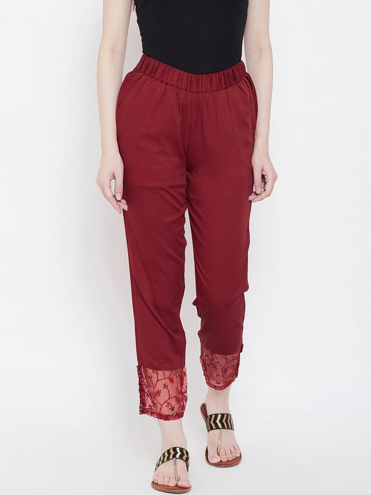 Be Indi Women Maroon Straight Fit Solid Cigarette Trousers