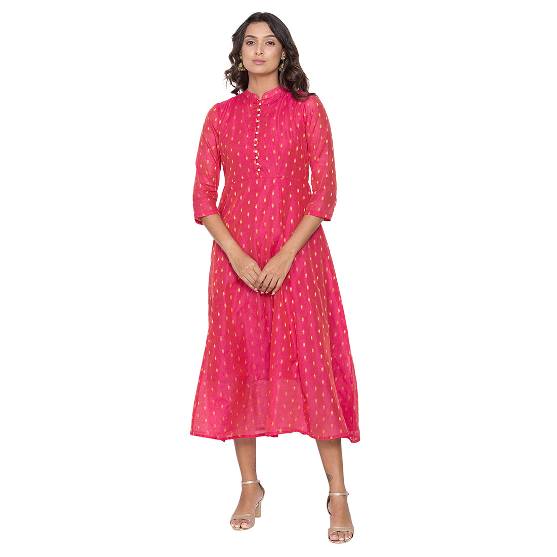 Be Indi Women Fuchsia Self Design Fit and Flare Dress