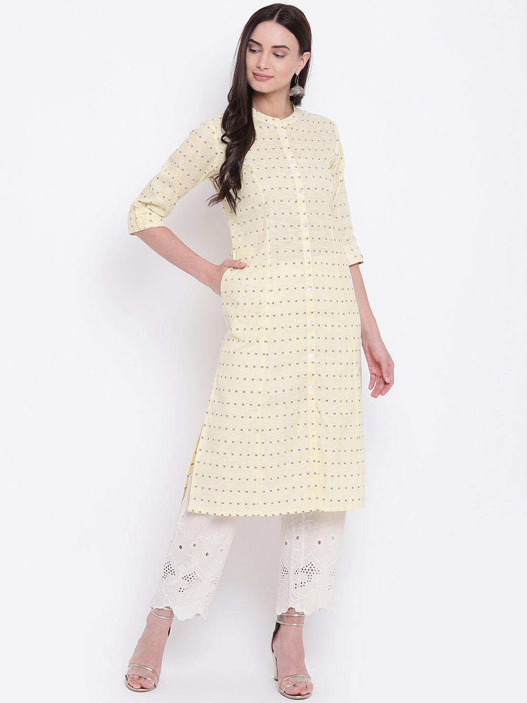 BeIndi Women Yellow Woven Design Straight Kurta