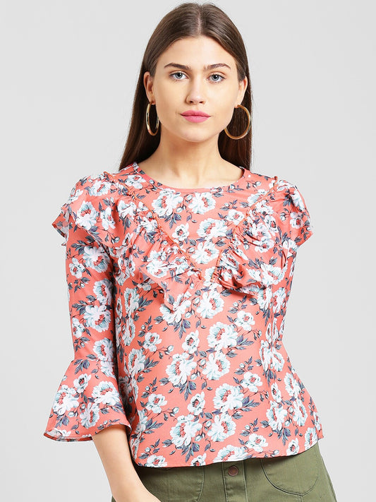 BeIndi Women Coral Orange Printed Top