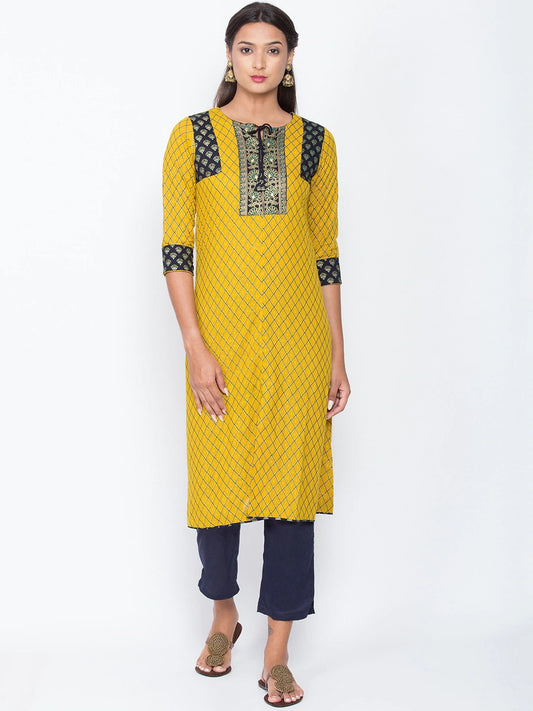 Be Indi Women Yellow & Navy Blue Checked Straight Kurta