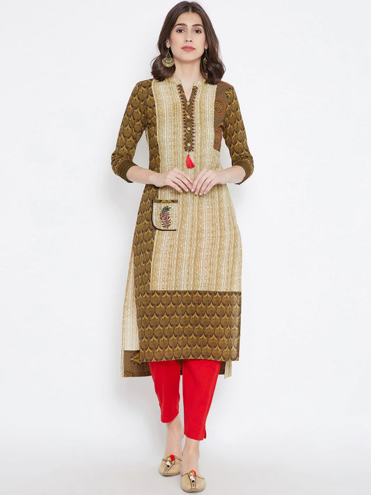 Be Indi Women Olive Green Ethnic Motifs Printed Thread Work Kurta