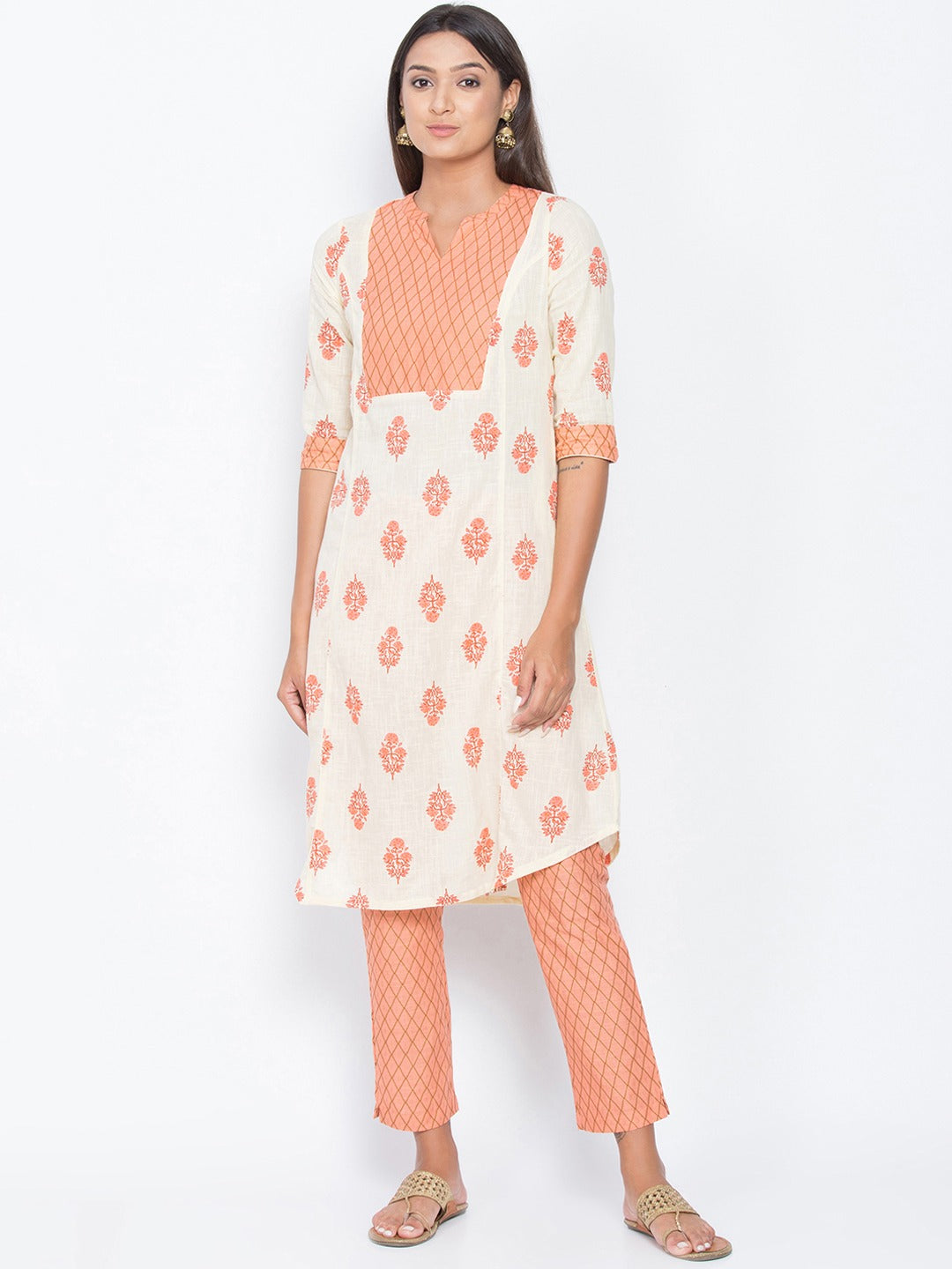 Be Indi Women Peach-Coloured & White Printed Kurta with Trousers