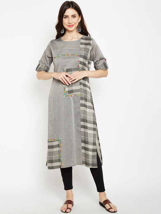 Women Grey Embroidered Printed Straight Kurta