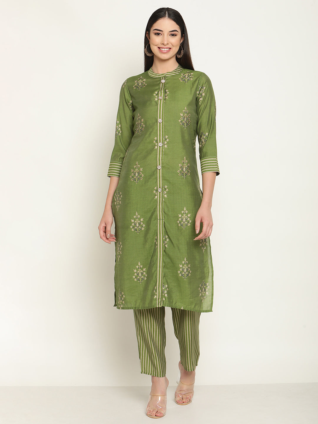 Be Indi Women Green Foil Printed Kurta With Pant