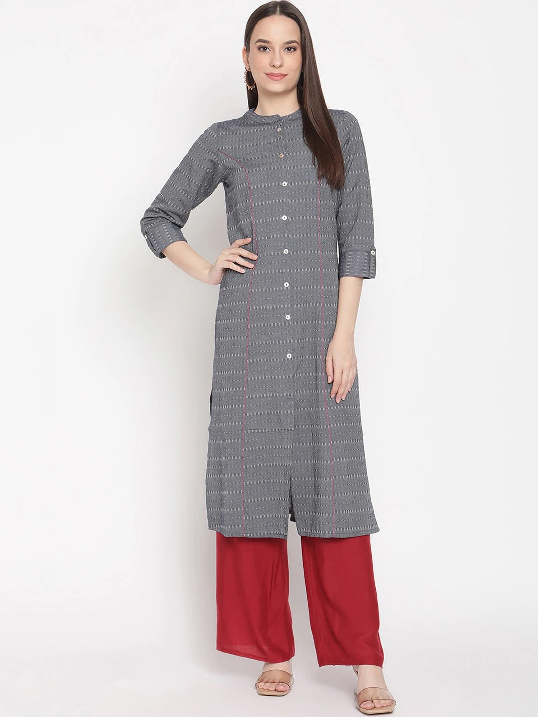 Be Indi Women Grey Striped Thread Work Khadi Kurta