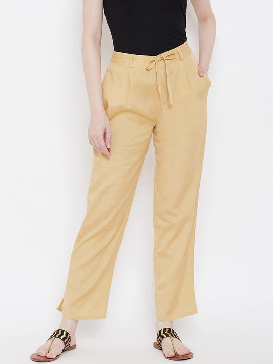 Be Indi Women Cream-Coloured Straight Fit Pleated Trousers