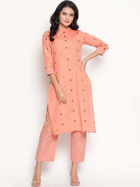 Be Indi Women Peach Embroidered Pure Cotton Kurti with Trousers