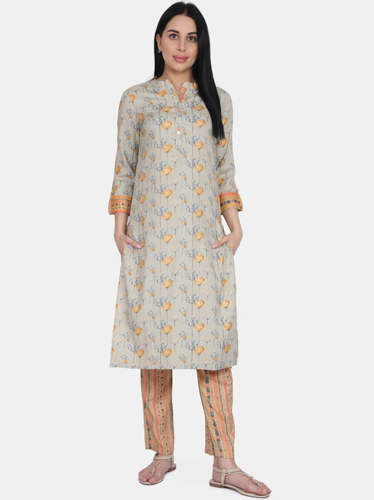BeIndi Mustard Foil Printed Kurta With Straight Pant And Both Side Pocket