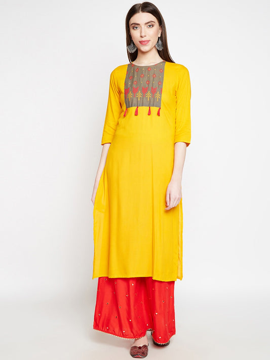 BeIndi Women Yellow Embroidered Straight Kurta