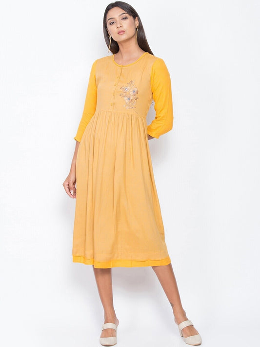 BeIndi Women Embellished Yellow Fit And Flare Dress