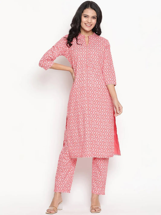 Women pink color white printed sequenced straight kurta, straight Pant