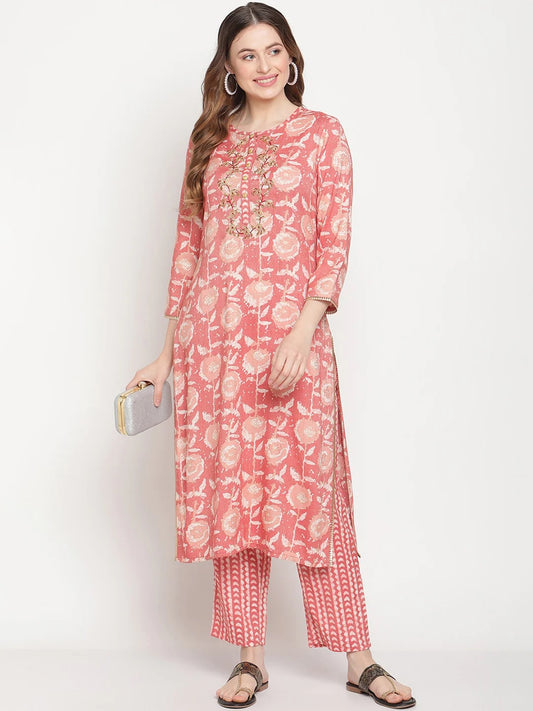 Be Indi Women Peach-Coloured Floral Printed Kurta with Trousers