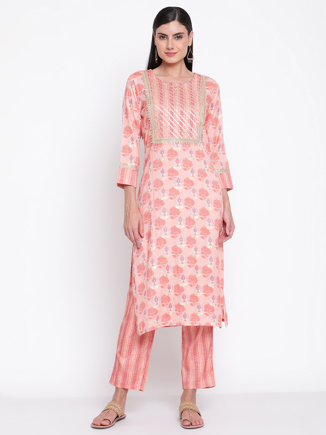 Be Indi Women Peach-Coloured Floral Printed Gotta Patti Kurta with Trousers