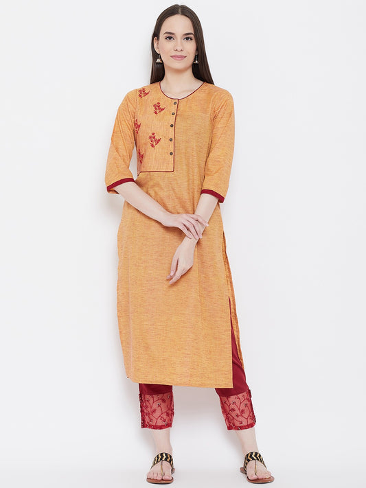 Be Indi Women Light Orange Yoke Design Straight Kurta