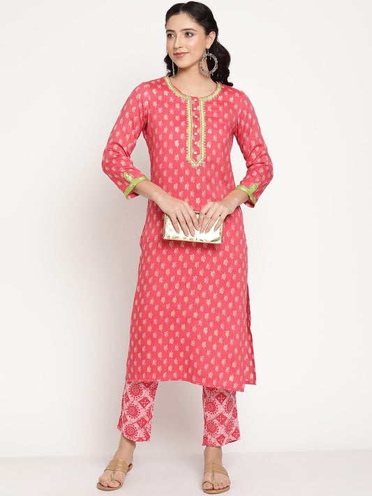Be Indi Women Coral Printed Embroidered Neck design kurta With Printed Pant