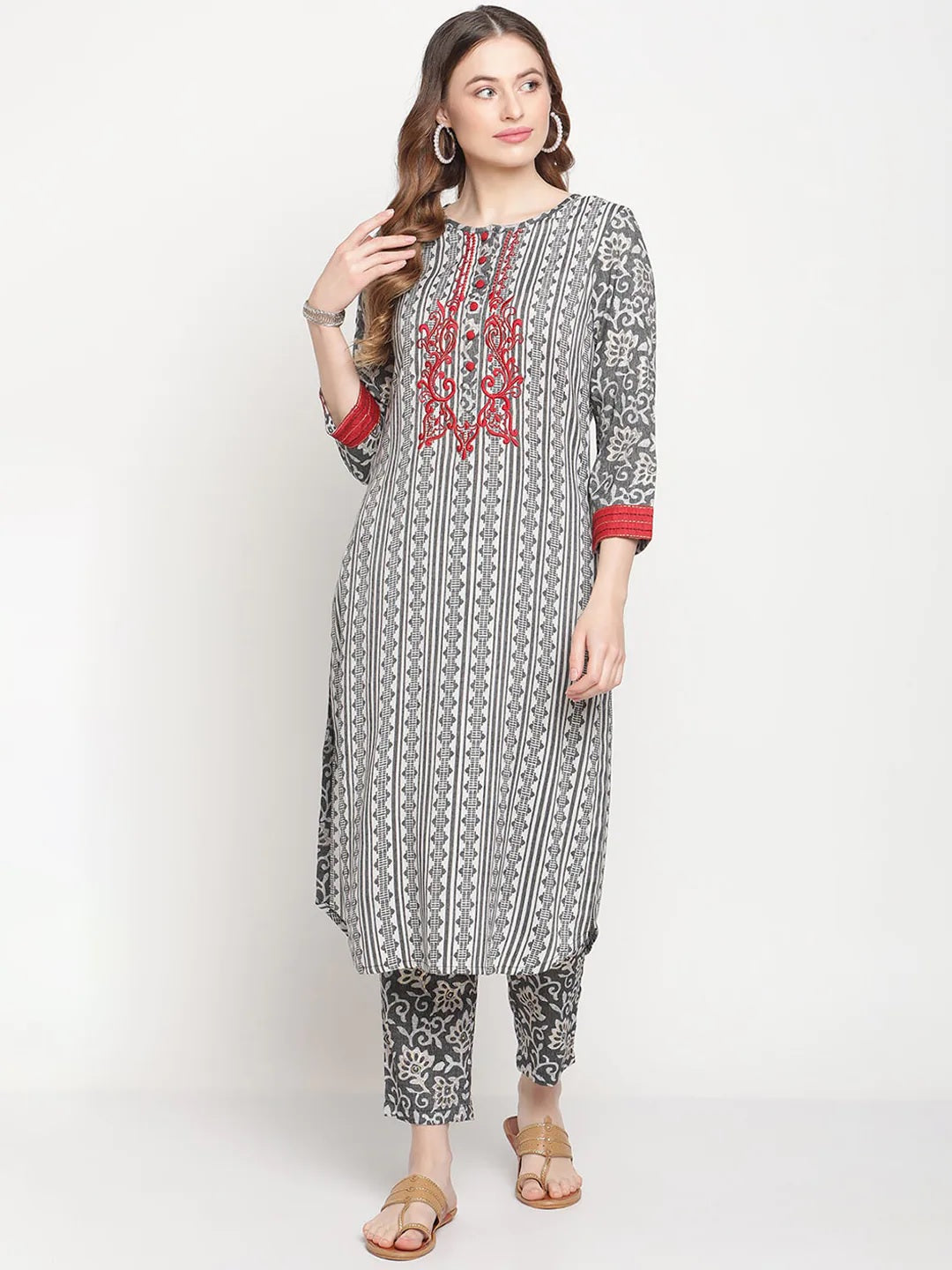 Be Indi Women Black Floral Printed Embroidered Kurta with Trousers