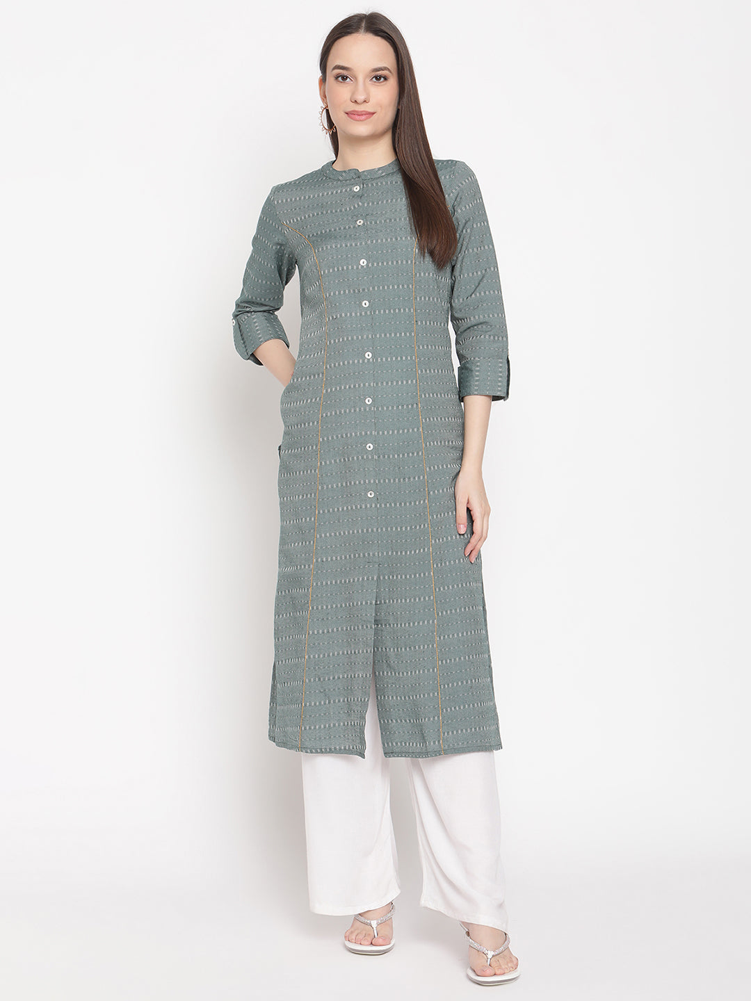 Be Indi Women Green Thread Work Khadi Kurta