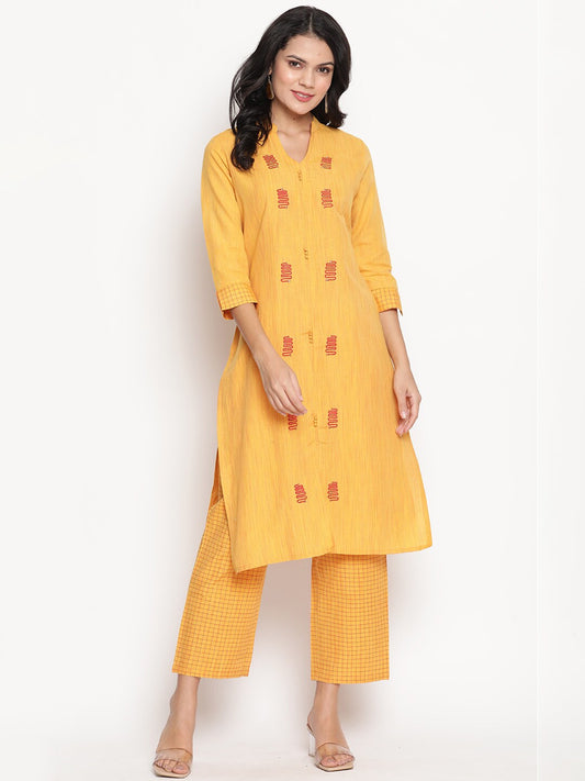 Be Indi Women Yellow Embroidered & Red Checked Pure Cotton Kurta with Trousers