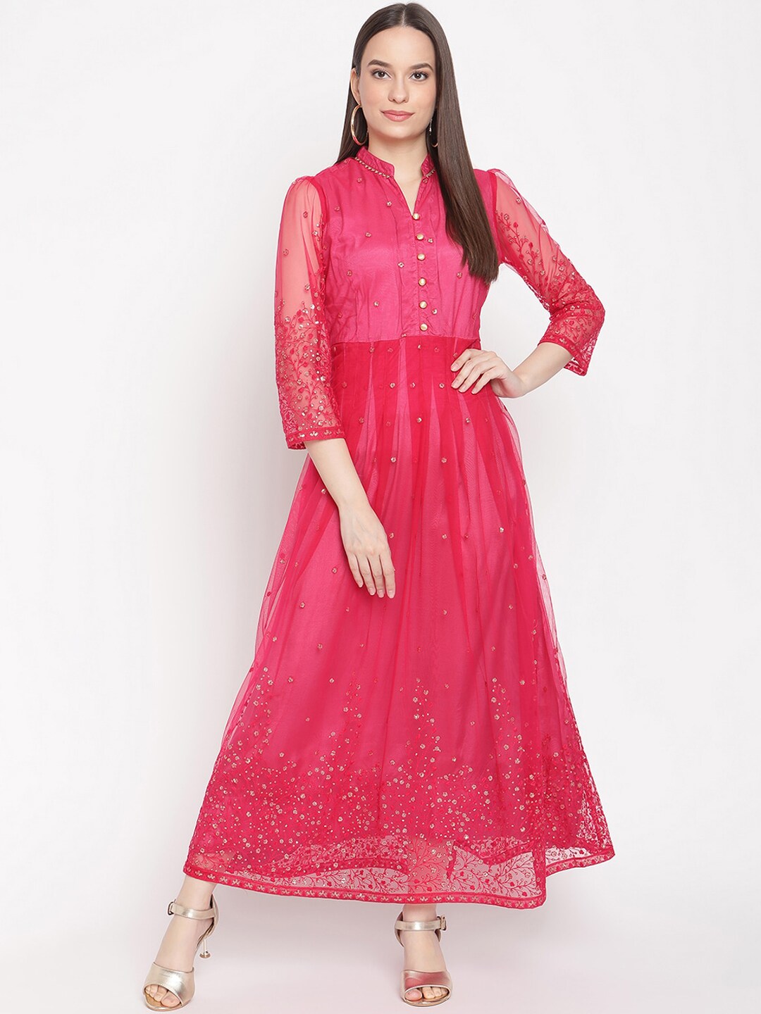 Women Pink Sequenced Net Maxi Dress