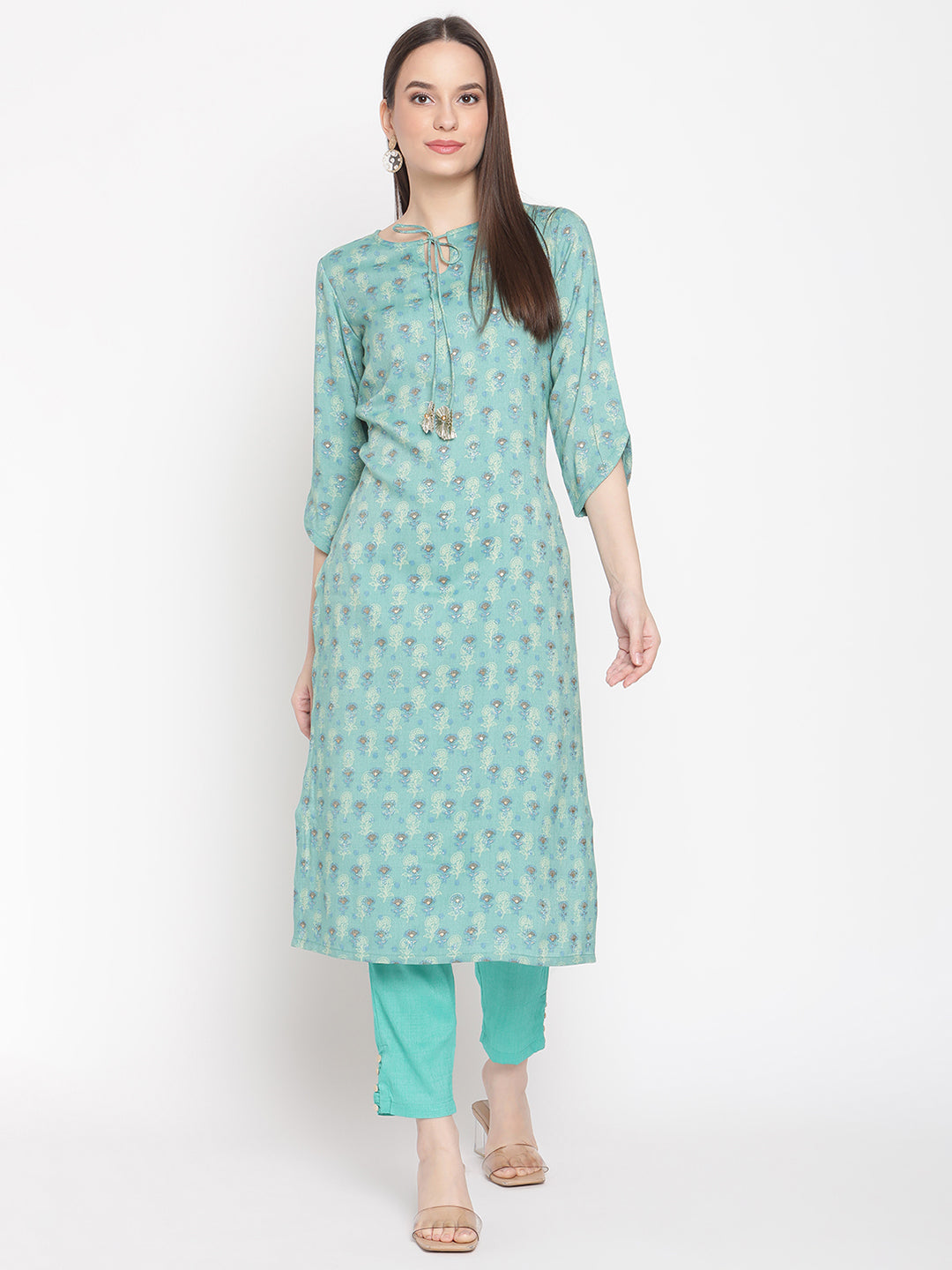 Be Indi Women Turquoise Blue Floral Printed Straight Kurta with Trousers