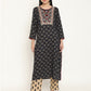 BeIndi Women's Navy Foil Printed Yoke Design Kurta With Thread & Zari Embroidered Yoke And Pant