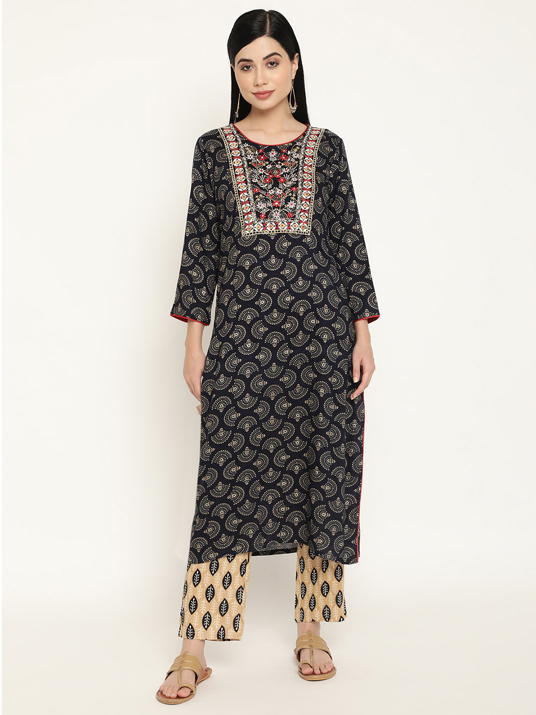 BeIndi Women's Navy Foil Printed Yoke Design Kurta With Thread & Zari Embroidered Yoke And Pant