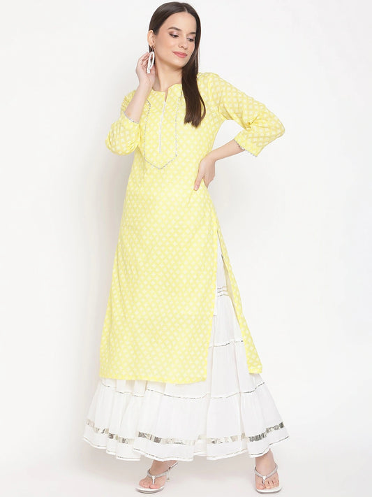 Be Indi Women Pink Bandhani Regular Gotta Patti Pure Cotton Kurti with Skirt
