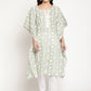 Be Indi Women Green White Geomatric Print Design Crochet Lace Stone Button Detailing Kaftan