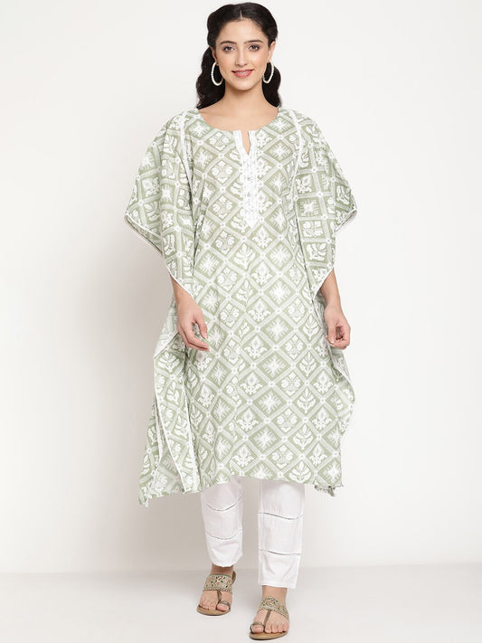 Be Indi Women Green White Geomatric Print Design Crochet Lace Stone Button Detailing Kaftan