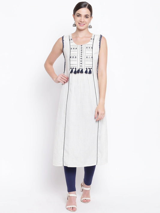 Be Indi Women Off-White & Navy Blue Yoke Design Straight Kurta