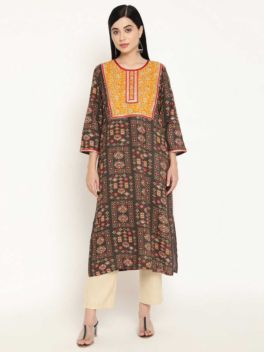 BeIndi Women's Olive Printed Kurta With Contrast Piping And Patched Yoke