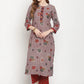 Be Indi Women Grey Red Floral Foil Printed Mirror Placket Kurta with Pant
