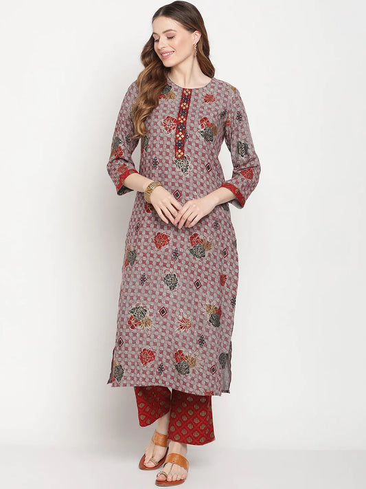 Be Indi Women Grey Red Floral Foil Printed Mirror Placket Kurta with Pant