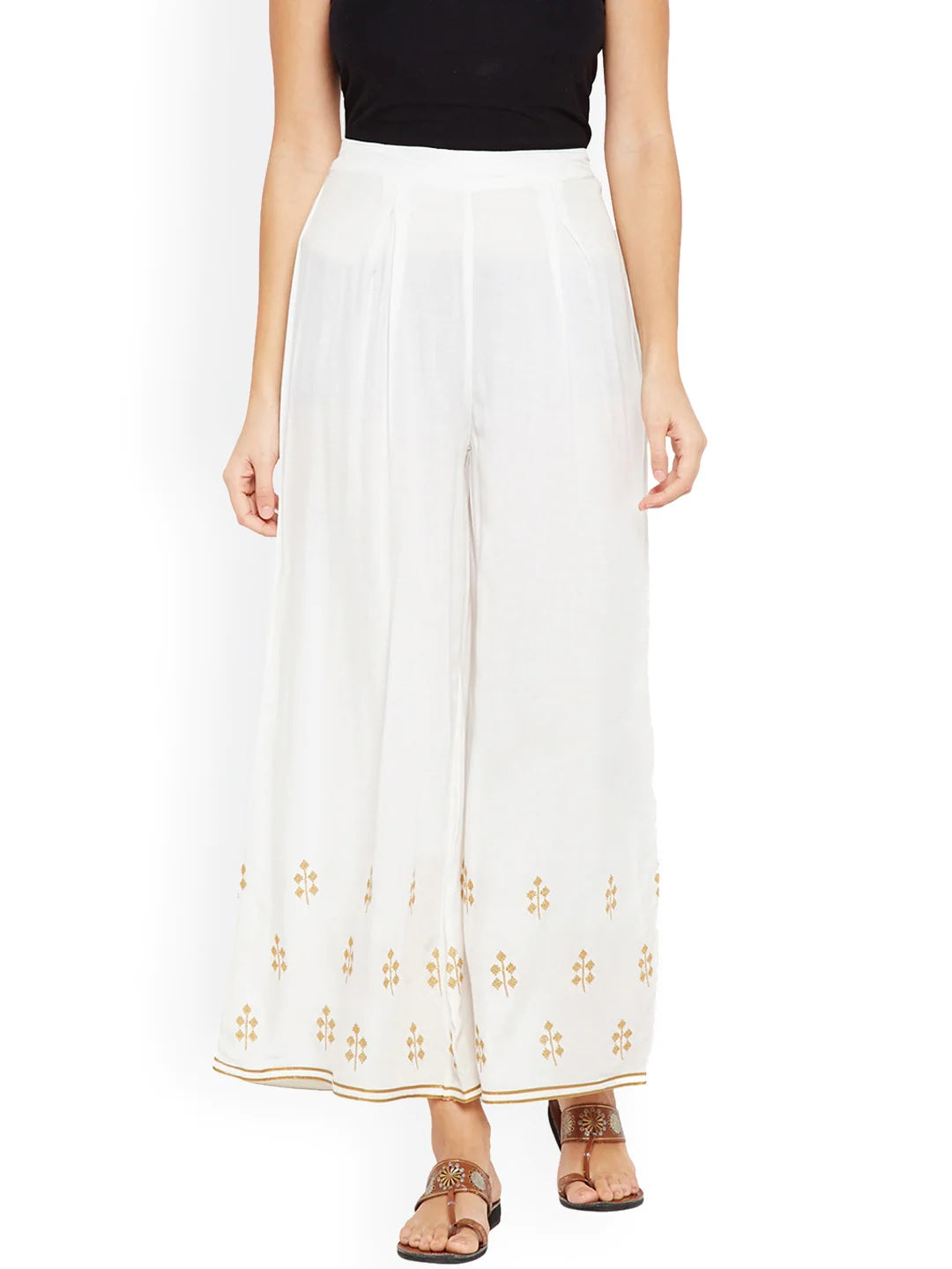 Be Indi Women Off White  Flared Solid Palazzos