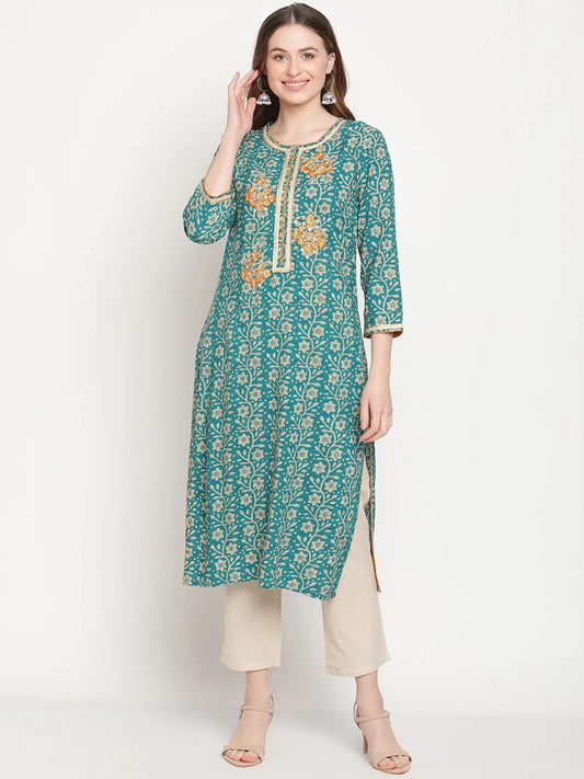 Be Indi Women Teal Color Printed Multi Thread And Mirror Work Detailing Kurta