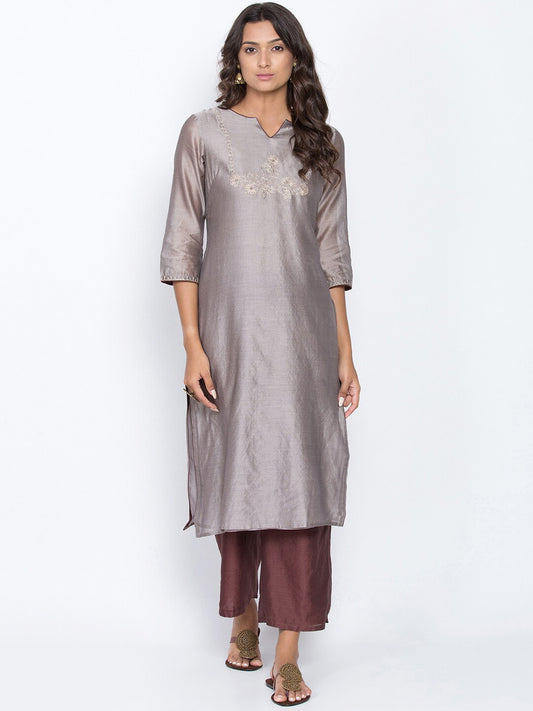 Be Indi Women Grey & Brown Embroidered Kurta with Palazzos