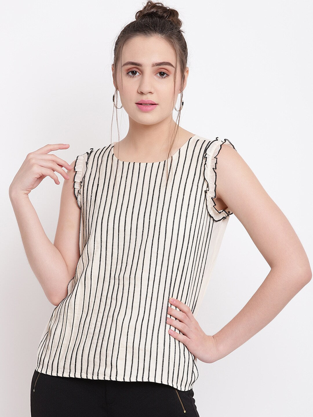 BeIndi Women Beige Striped Cotton Top