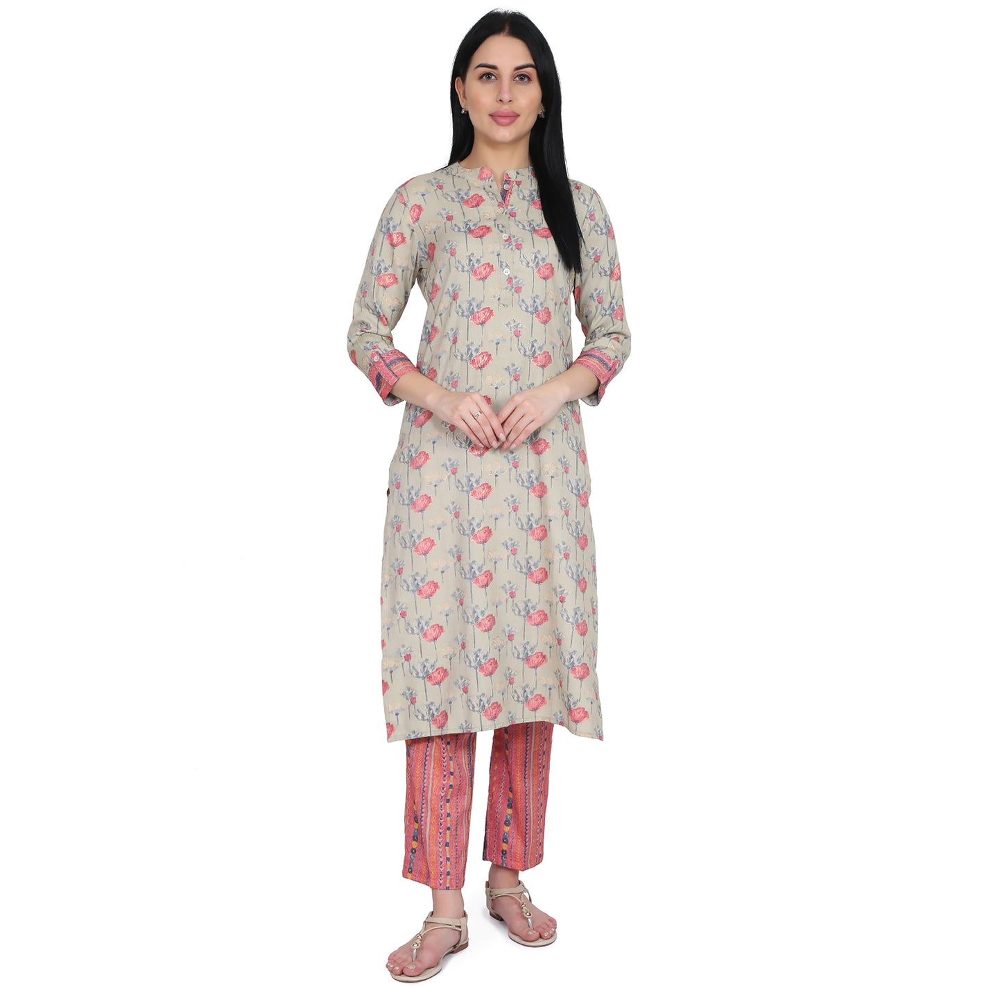 Be Indi Women Red Floral Printed Kurta with Trousers