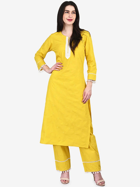 Be Indi Women Yellow Regular Pure Cotton Kurta with Trousers