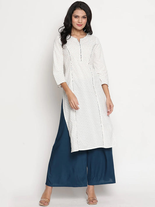 BeIndi Women White Geometric Printed Straight Kurta