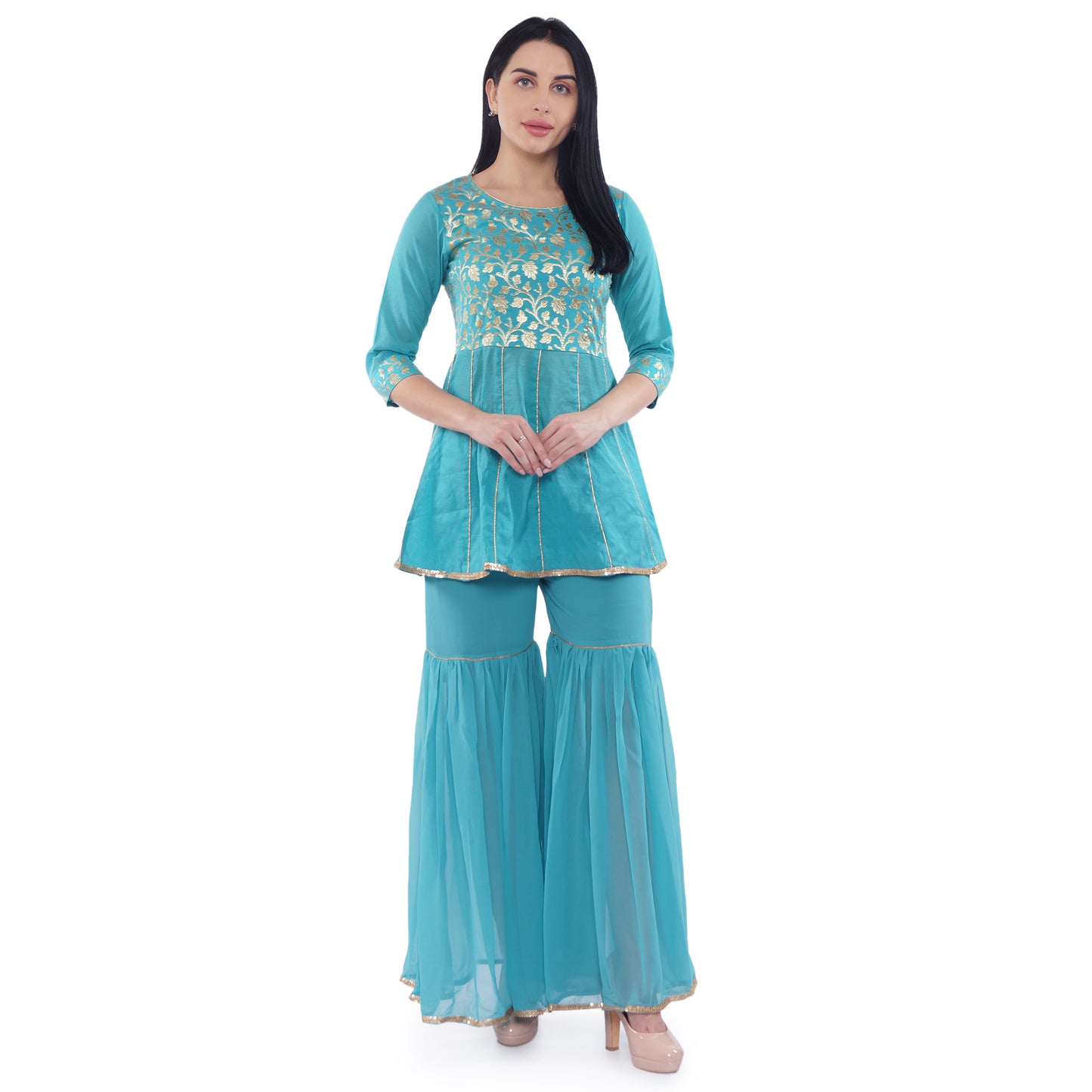 Be Indi Women Turquoise Blue Embroidered Kurti with Sharara