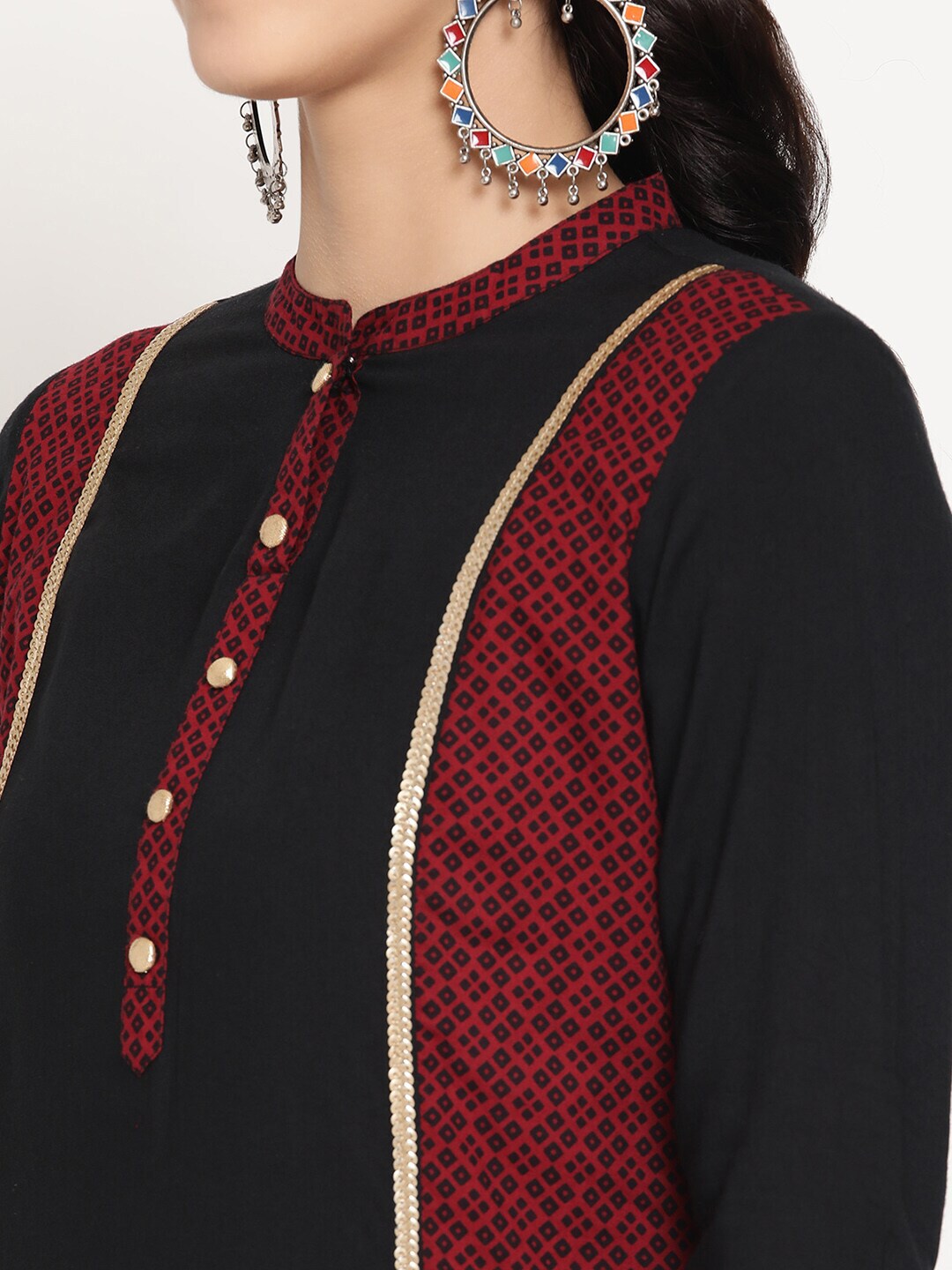Be Indi Women Black Printed Panelled Lace Trim Detailing Kurta with Trouser