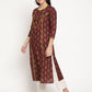 Be Indi Women Maroon Printed Princess Line With Yellow Color Cotton Lace And Fabric Detailing Kurta